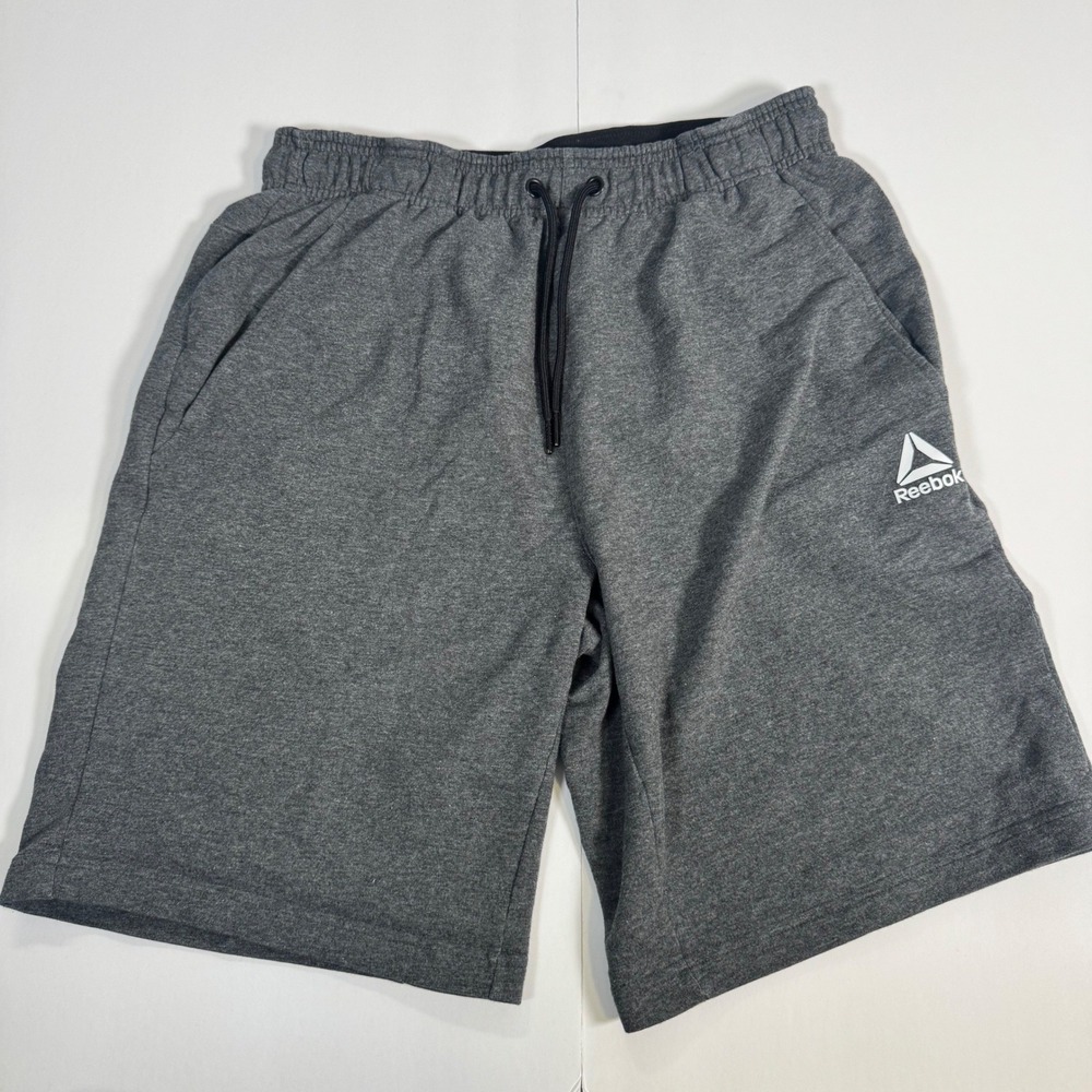 Reebok Athletic Shorts Mens Small Gray Heather Knit Drawstring Zip Pocket
